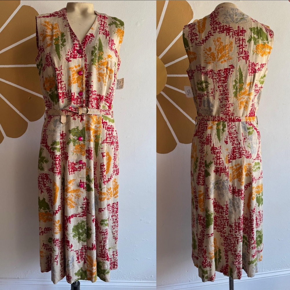 Vintage Linen Leaf Pattern Multicolor Sleeveless Button-up Midi Dress Pockets